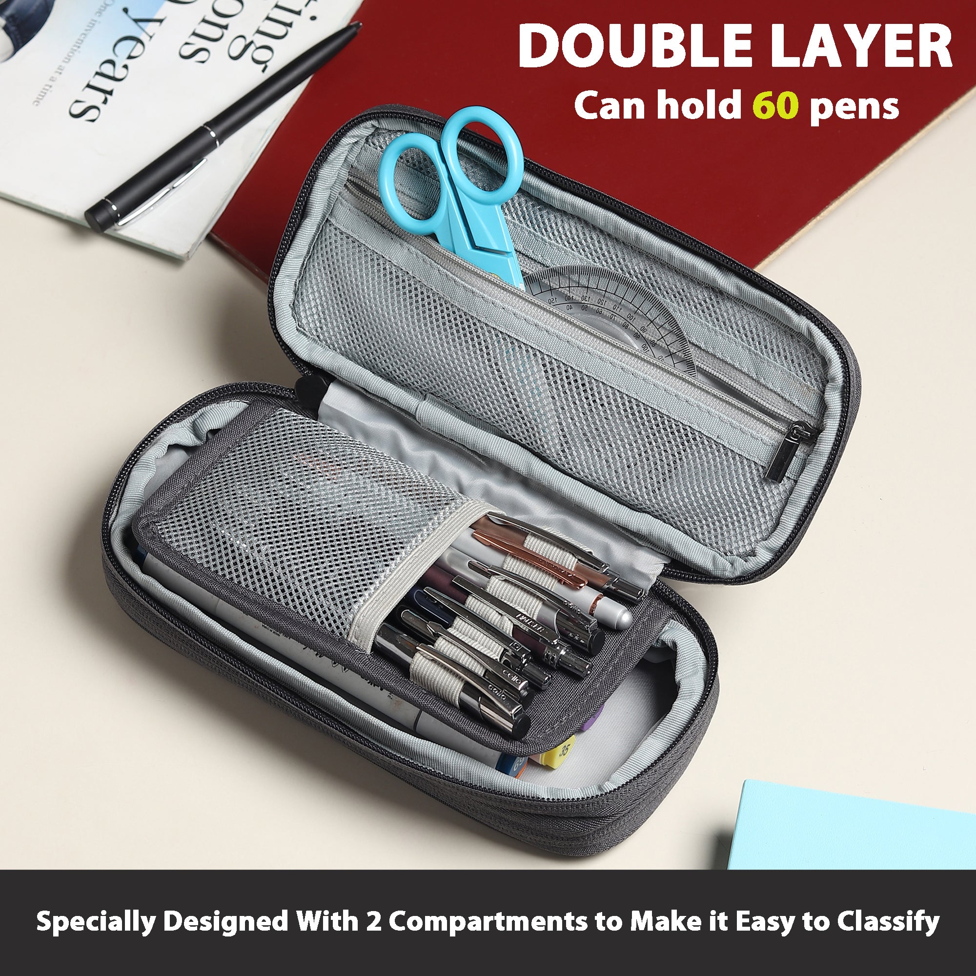 2 Zip Expandable Pencil Pouch Big Pen Case