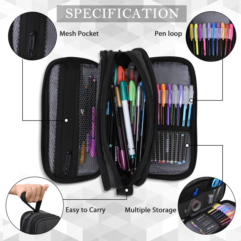 3 Zipper Multi Pocket Large Pencil Case Holder