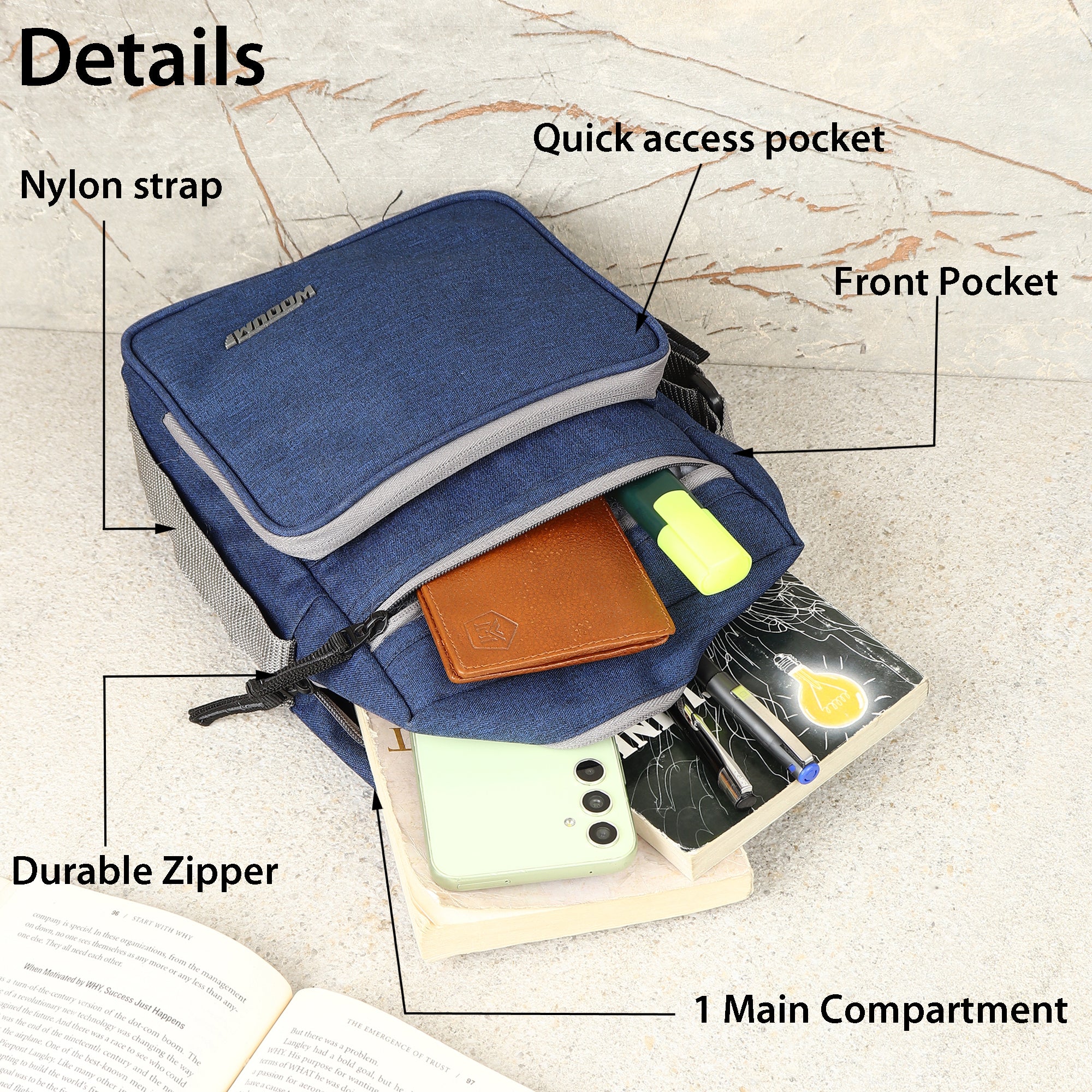 Cross Body Bag with Pen Organizer & Shoulder Strap
