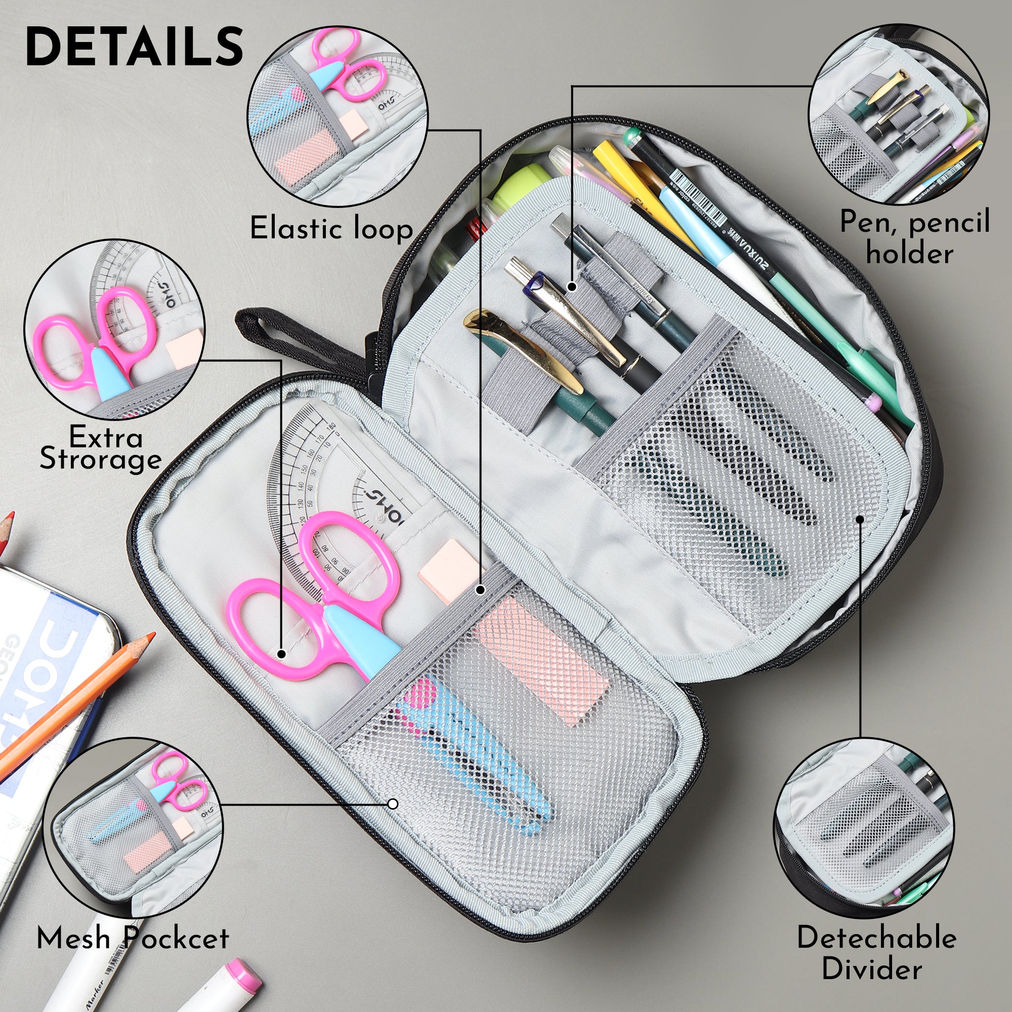 Large Pencil Case, Elastic Pen Holder,Multi Compartment
