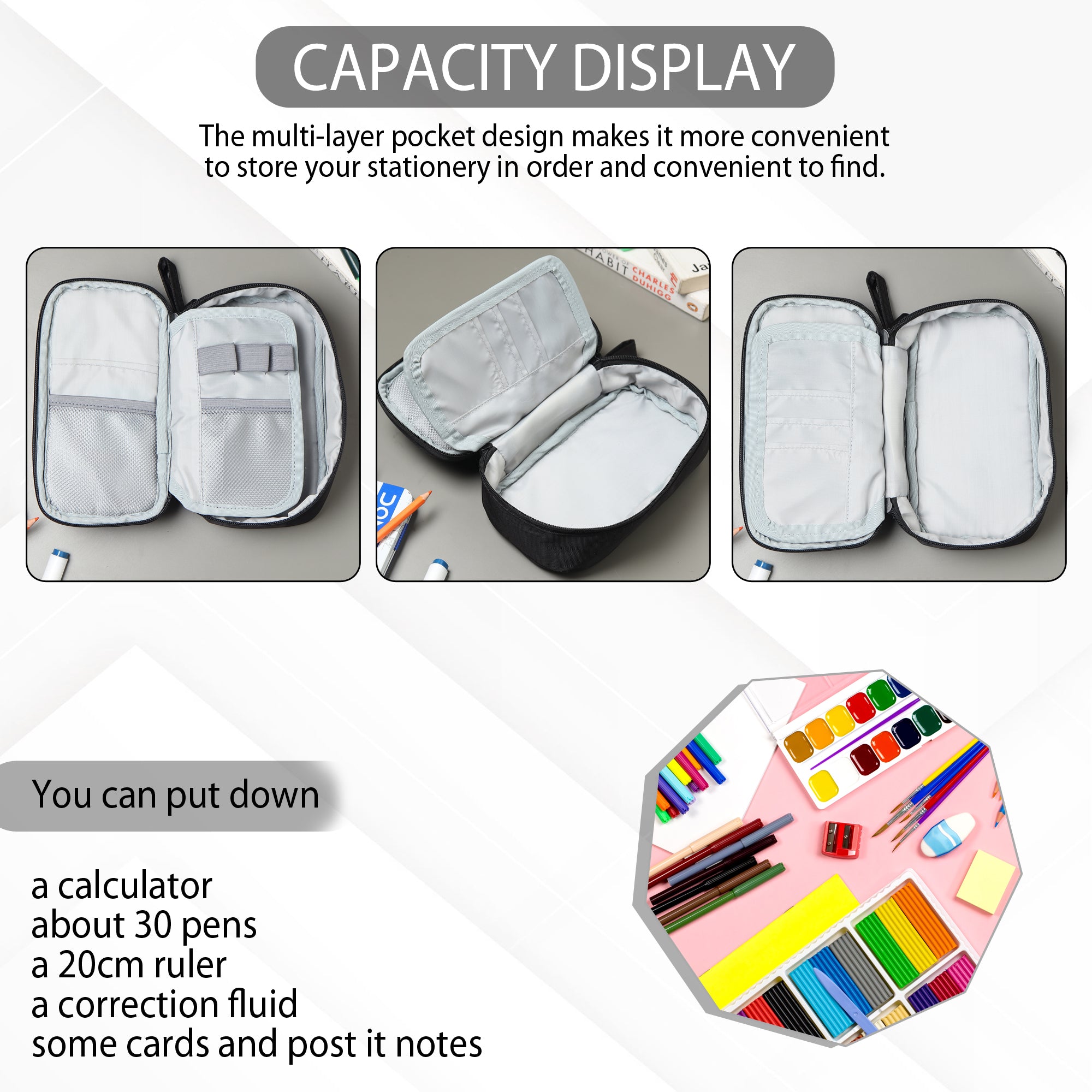 Large Pencil Case, Elastic Pen Holder,Multi Compartment
