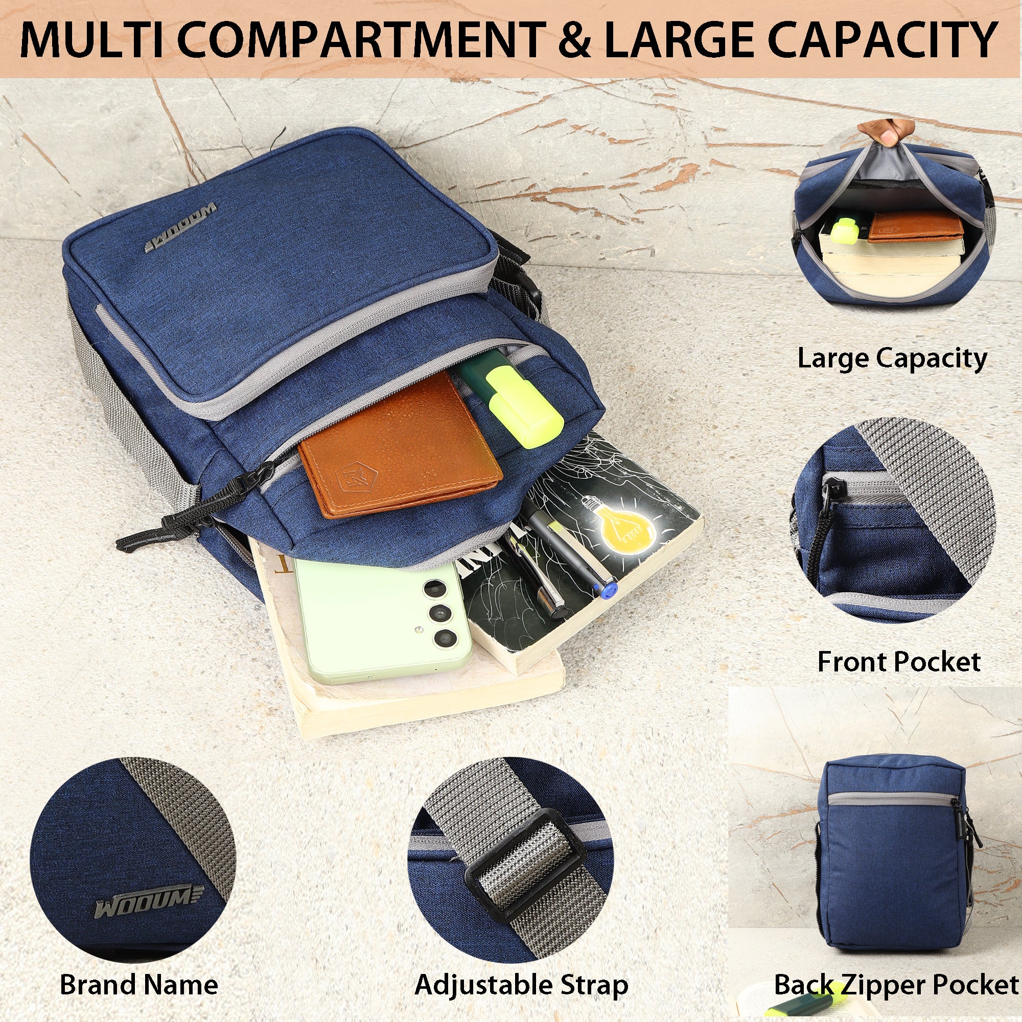 Cross Body Bag with Pen Organizer & Shoulder Strap