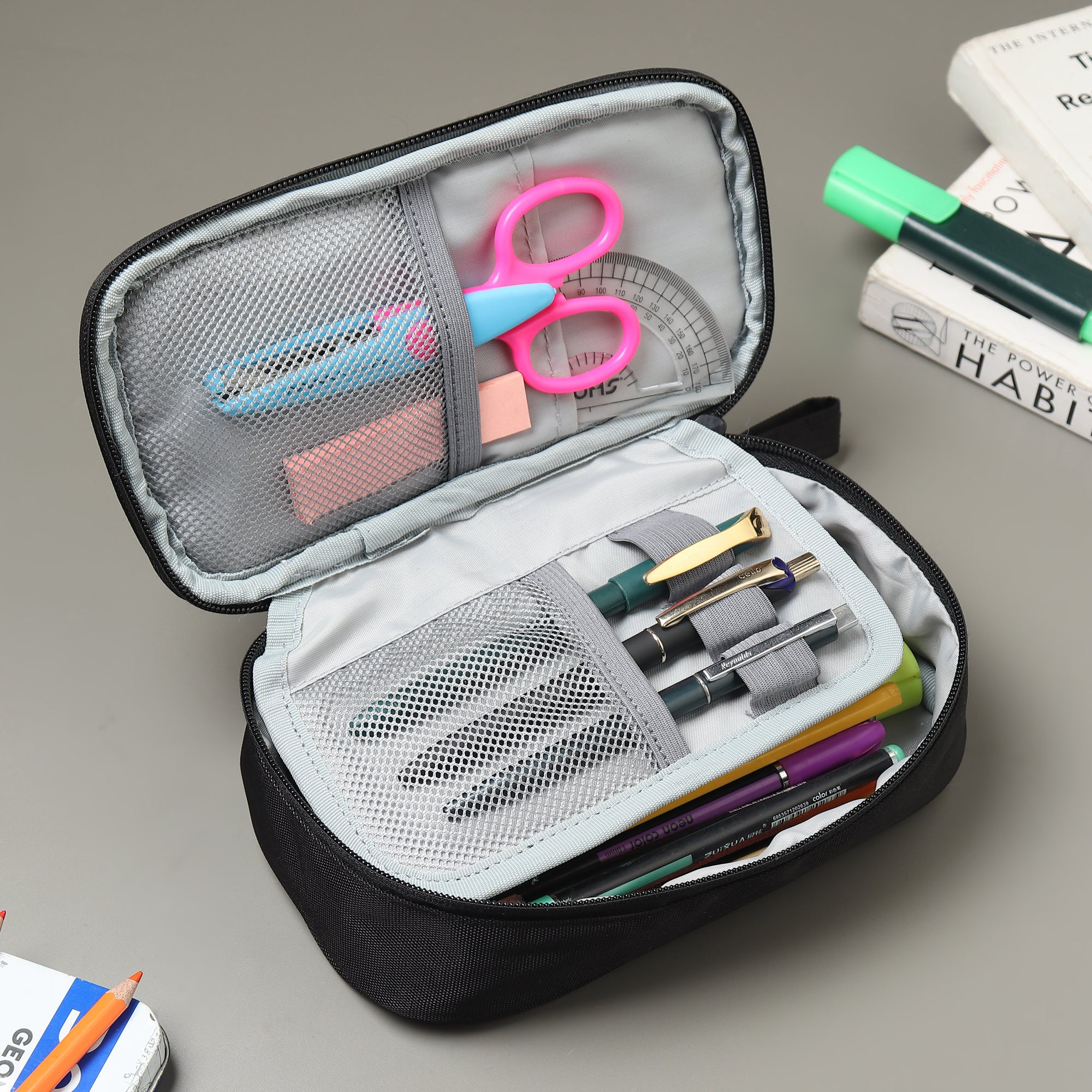 Large Pencil Case, Elastic Pen Holder,Multi Compartment